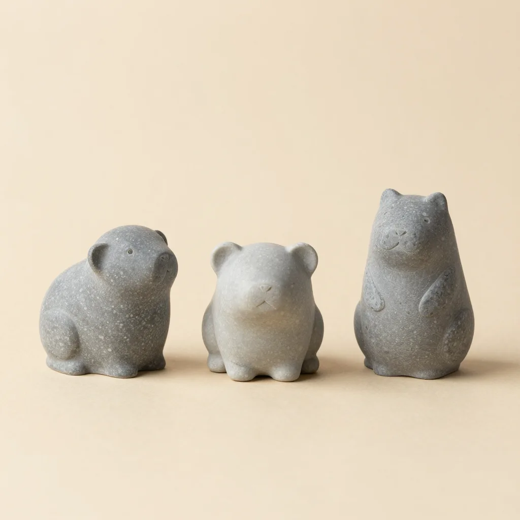 Three small grey soapstone animal sculptures together