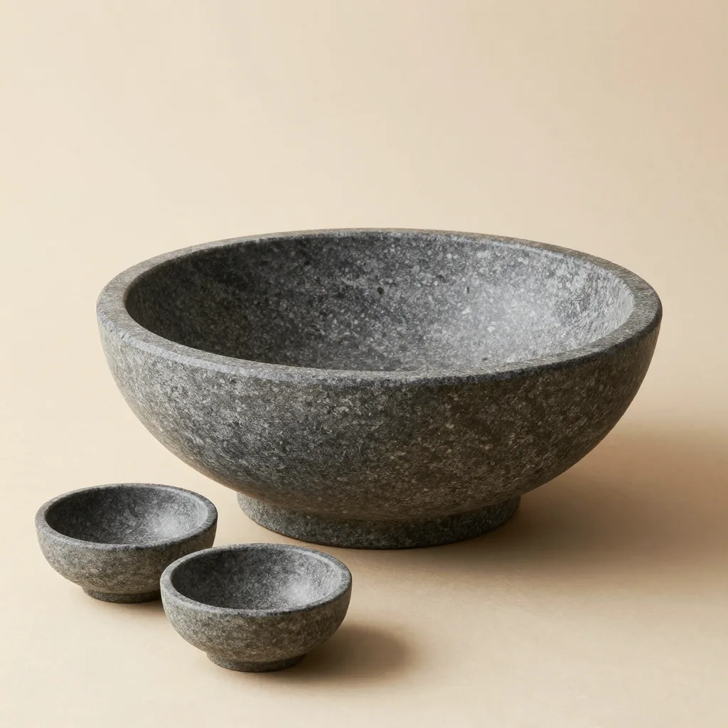 A large grey soapstone fruit bowl with two smaller bowls